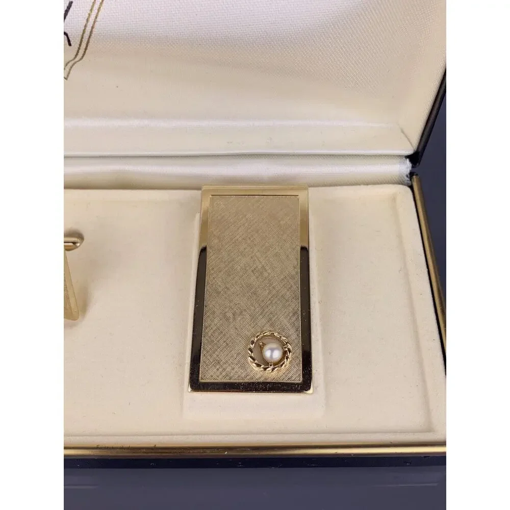 Faux Pearl Square Gold Tone Cufflinks Tie Pin Money Clip Textured Swank Vintage